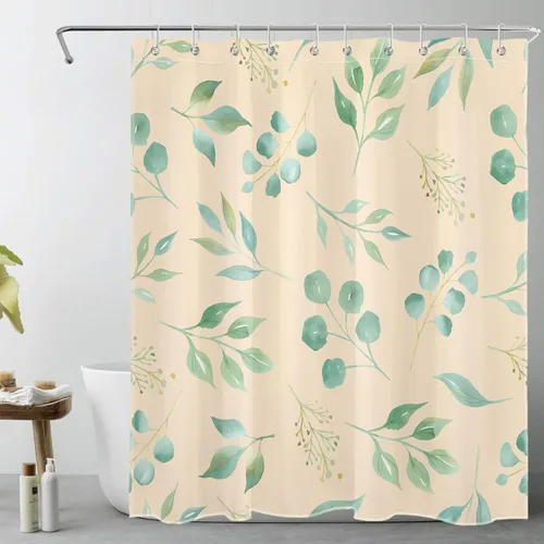 EOBTAIN Cortina de ducha de hojas de eucalipto verde para baño, cortina de ducha con hojas de plantas naturales en beige con 10 ganchos, juego de