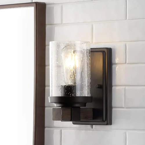 Miniatura 6 de JONATHAN Y Lámpara de tocador LED de bronce aceitado de 4.5 pulgadas, aplique rústico de granja, pantalla de vidrio sembrado transparente, lámpara