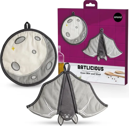Miniatura 10 de OTOTO Batlicious Juego de Guantes de Horno y Soportes para Ollas - Soportes para Ollas de Luna de Murciélago, Decoración de Cocina Gótica