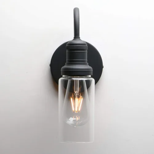 Miniatura 6 de PERMO Aplique industrial vintage negro con pantalla cilíndrica de vidrio transparente de 3.1 pulgadas, lámpara de montaje en pared para sala