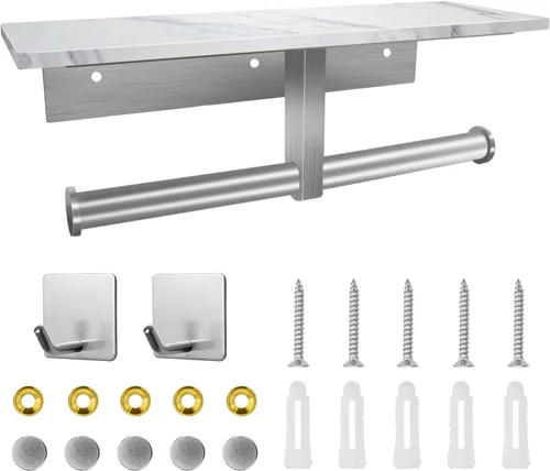 Miniatura 5 de Soporte de papel higiénico con estante, soporte de pared doble para papel higiénico y 2 ganchos adhesivos gratuitos para baño, baño, soporte