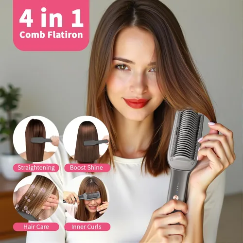 Miniatura 2 de Cepillo alisador de cabello, cepillo de alisado iónico 2000 para mujeres con 5 temperaturas 20 segundos, calentamiento rápido de doble voltaje