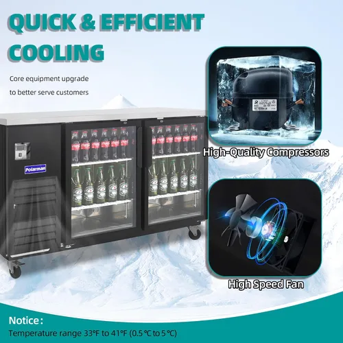 Miniatura 6 de Polarman Refrigerador de botellas con barra trasera, puerta de vidrio, refrigerador de cerveza certificado NSF/ETL, refrigerador de bebidas bajo