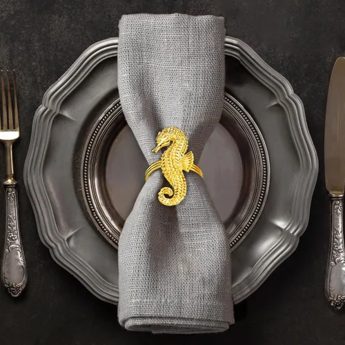 Decozen Juego de 4 servilleteros dorados con diseño de caballo de mar, festivo, decoración de mesa para vacaciones, bodas, cumpleaños, cocina,