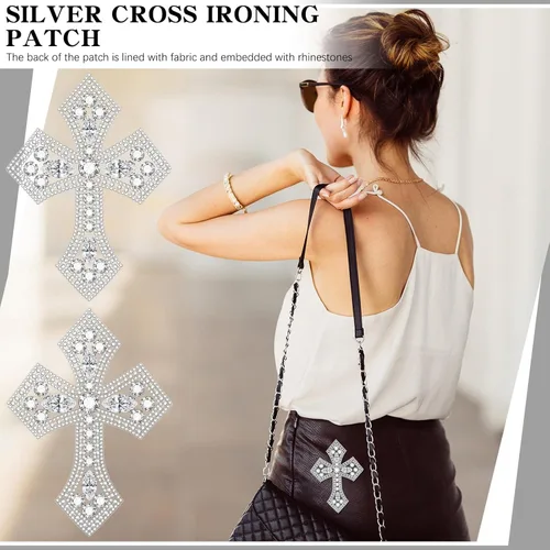 Miniatura 7 de Suncalla 4 parches de cruz de diamantes de imitación plateados con apliques de cruz de cristal, parches para coser en ropa, bolsas, vestidos, Plata