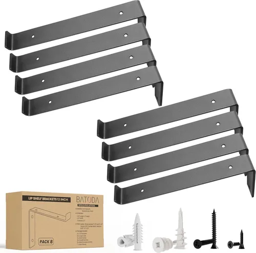 BATODA Paquete de 8 soportes de estante de 12 pulgadas con borde (tablero de 11.25 pulgadas) - 8 soportes de estante Z color negro - Soportes de