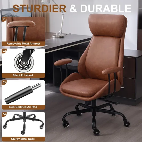 Miniatura 5 de E-Motie Silla de oficina, silla de escritorio de cuero con ruedas de goma, silla ergonómica para computadora de 500 libras con soporte lumbar, silla