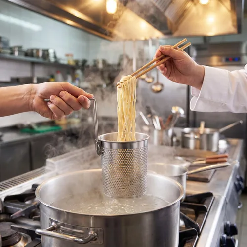 Miniatura 6 de Kichvoe Tamiz de fideos para el hogar de acero inoxidable con asa 9.84 x 5.11 x 4.92 pulgadas, cesta de colador de pasta de mano para cocinar