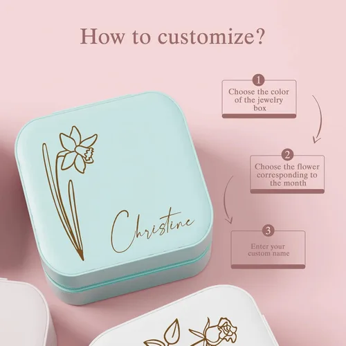 Miniatura 5 de Bemaystar Regalos personalizados para mujer Joyero personalizado, organizador de joyas de viaje pequeño portátil con flor de nacimiento y nombre