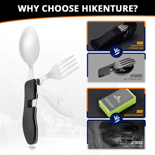 Miniatura 8 de Utensilios para campamento HIKENTURE 4 en 1, juego de tenedor, cuchillo, cuchara y abridor de botellas de acero inoxidable con estuche de Negro