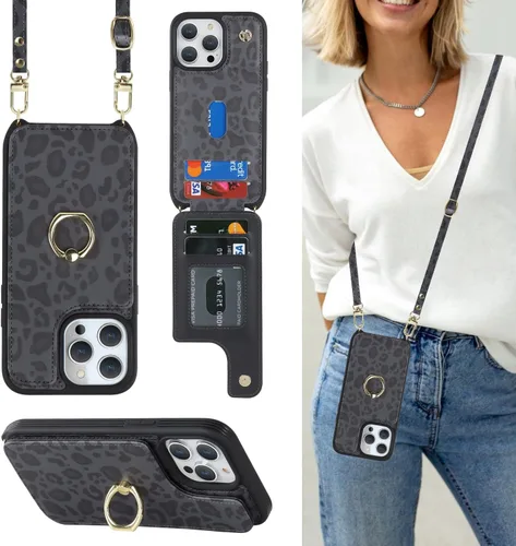 Miniatura 14 de Lipvina Funda para iPhone 14 Plus con tarjetero y correa para mujer, cordón cruzado, bloqueo RFID, soporte de anillo de soporte, cierre a presión