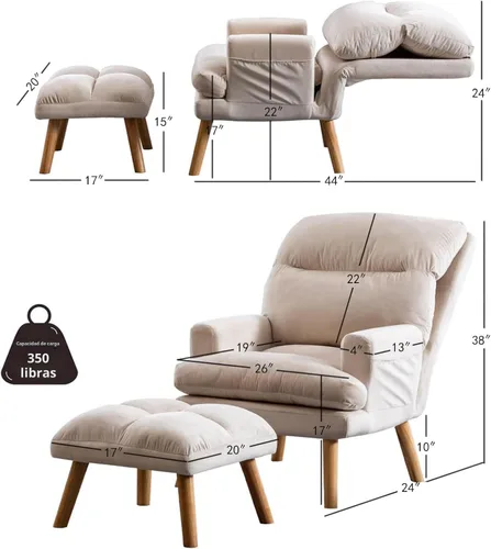 Miniatura 2 de CANMOV Silla decorativa moderna con otomana, sillón de tela suave con respaldo ajustable y bolsillos laterales, cómoda silla de descanso para sala