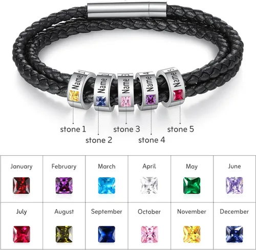 Miniatura 31 de Pulsera personalizada para el Día del Padre para hombre, pulseras personalizadas de cuero trenzado negro con cuentas grabadas de 1 a 8 nombres