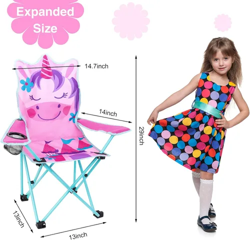 Miniatura 2 de KABOER Silla plegable para césped y camping para niños con portavasos y bolsa de transporte, sillas de camping para niños Unicornio Rosa