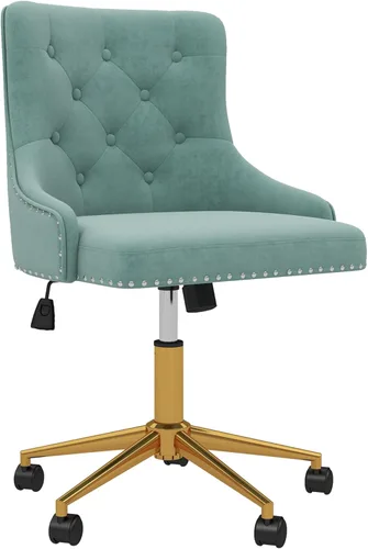Miniatura 12 de Westice Sillas de escritorio de terciopelo, silla giratoria tapizada de maquillaje cómoda con respaldo copetudo, base de metal dorado y ruedas, Beige