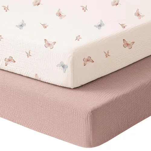 Miniatura 21 de Konssy Sábanas de Muselina para Cuna para Niña y Niño, 2 Piezas de Sábanas de Bebé de Algodón Suave y Transpirable para Colchón de Cuna Estándar