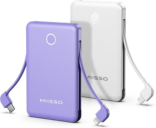 Banco de energía ultra delgado de 6000 mAh, batería externa de 3 salidas compatible con iPhone, 2 unidades, color blanco y morado Paquete de 2 6000