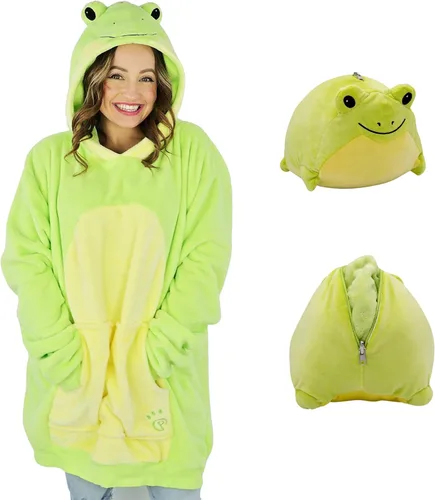 Miniatura 10 de Plushible Manta con Capucha Portátil, Sudadera con Capucha de Gran Tamaño de 2 en 1, Bolsillo de Manga Larga, Regalo Acogedor para las Fiestas, Palta