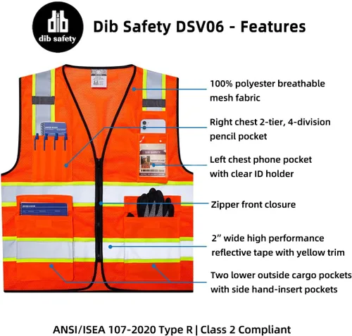 Miniatura 5 de Dib Safety - Chaleco reflectante de malla de alta visibilidad de dos tonos con bolsillos y cremallera, conforme a la clase 2 ANSI, malla naranja