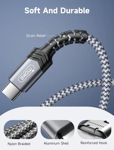 Miniatura 6 de JSAUX Cable USB C de 240 W de 6.6 pies, cable USB C tipo C de carga rápida para MacBook, iPad, Dell XPS, iPhone 17/iPhone Air/iPhone 17 Pro Max, Gris