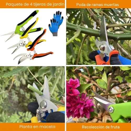Miniatura 2 de Tijeras de podar, paquete de 4 tijeras de jardín con guantes de jardinería, cortadoras manuales, tijeras de jardín de acero inoxidable, podadoras