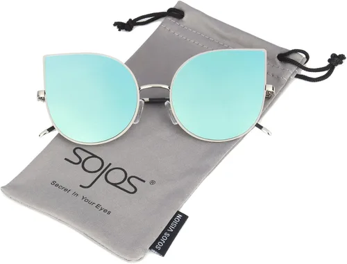 SojoS SJ1022 anteojos de sol con lentes lisos y espejados con forma de ojos de gato, con marco de metal liviano y ultradelgado, para mujer