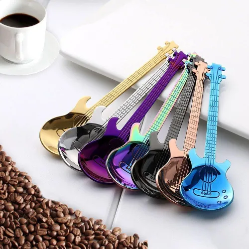 Miniatura 7 de Cuchara de café Cuchara de oro Herramienta creativa para beber de acero inoxidable Vajilla en forma de guitarra Negro Cubiertos (Plata)