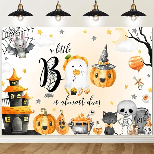 Avezano Telón de fondo de Halloween para baby shower con texto en inglés "A Little Boo is Almost Due Baby Shower Pancarta de decoración lindo
