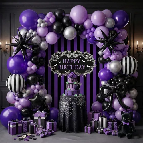 Kit de guirnalda de arco de globos morados y negros con globos de Mylar de estrella de arco y telón de fondo gótico de cumpleaños globos de rayas