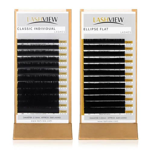 LASHVIEW Extensiones de pestañas, extensiones de pestañas clásicas y extensiones de pestañas planas elipse, grosor de 0.15, rizo C de 0.315-0.591