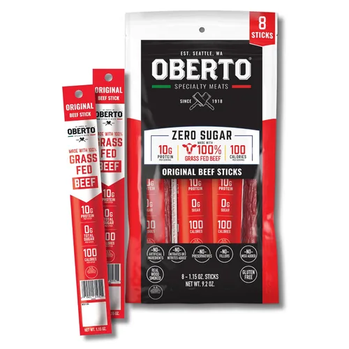 Oberto Palitos de carne de res alimentada con pasto, original, cero azúcar, sin ingredientes artificiales, altos en proteínas, sin gluten, ahumados