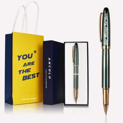 Miniatura 10 de Ancolo Pluma estilográfica personalizada con cuerpo de metal con caja para bolígrafos, 2 cartuchos de tinta negra personalizados con tu mensaje