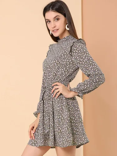 Miniatura 2 de Allegra K Vestido floral vintage con cuello alto y cinturón para mujer