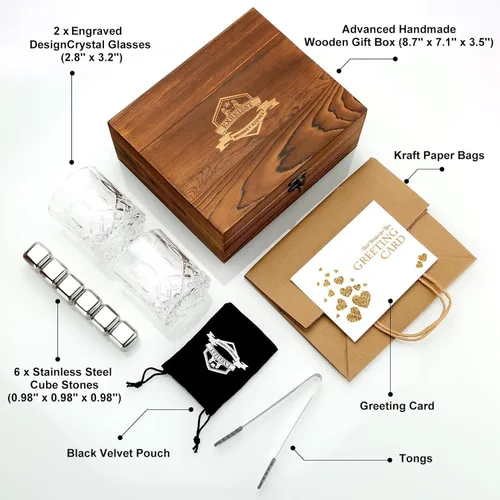 Miniatura 2 de Piedras de whisky, juego de regalo de vidrio de whisky, piedras escalofriantes en caja de madera hecha a mano, fresco sin dilución, juego de 2 vasos