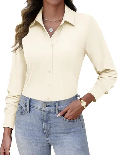 Miniatura 10 de HOTOUCH Camisas con botones para mujer, de manga larga, elásticas, sin arrugas, blusas de trabajo, ajustadas, para la oficina