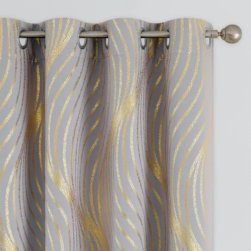 Cortinas 100% Opacas para Dormitorio, Cortinas con Patrón de Líneas Onduladas y Puntos Gris Dorado de 63 Pulgadas de Largo, Cortinas Doradas