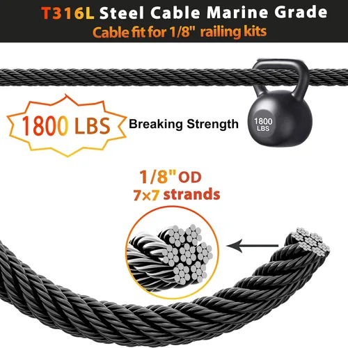 Miniatura 2 de Steel DN Mate Cuerda de alambre negro de 100 pies, cable de acero inoxidable de grado marino T316L de 1/8 pulgadas, 7 × 7 hebras para sistema
