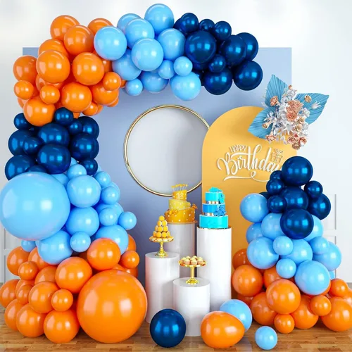 FEYG - Kit de arco de guirnalda de globos de látex, azul, azul marino y naranja, naranja, globos de fiesta para decoración de cumpleaños, boda,