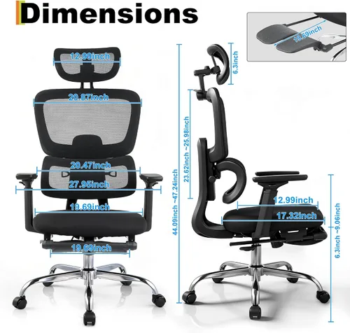 Miniatura 2 de Silla de oficina ergonómica de malla con reposacabezas 3D, silla de escritorio lumbar ajustable de 400 libras, brazos abatibles 4D, respaldo