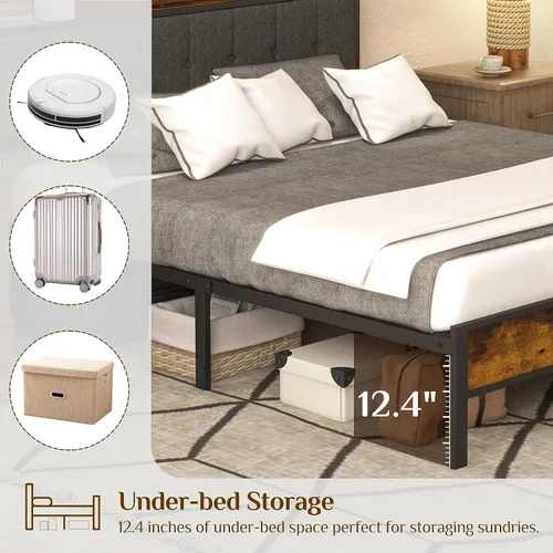 Miniatura 5 de Base de cama de plataforma tamaño Queen con cabecera tapizada y puertos USB para carga, sin somier, soporte fuerte y sin ruido, fácil montaje Marrón