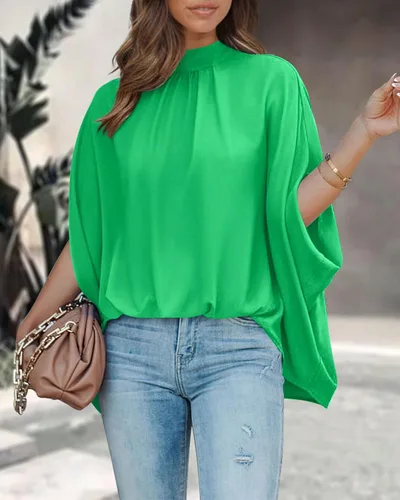 Miniatura 44 de BTFBM Blusas de verano para mujer, cuello alto falso, manga murciélago, holgadas, dobladillo alto y bajo, blusas informales de gran