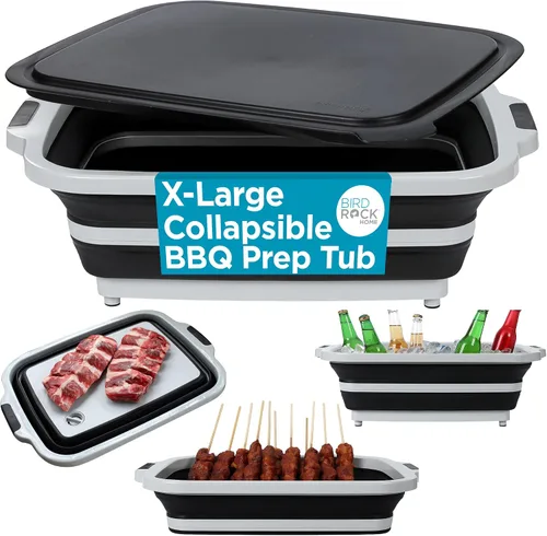 Miniatura 12 de BIRDROCK HOME Tina plegable grande de preparación para barbacoa con tabla de cortar, organizador de parrilla multifunción con colador y tapa, cuenco