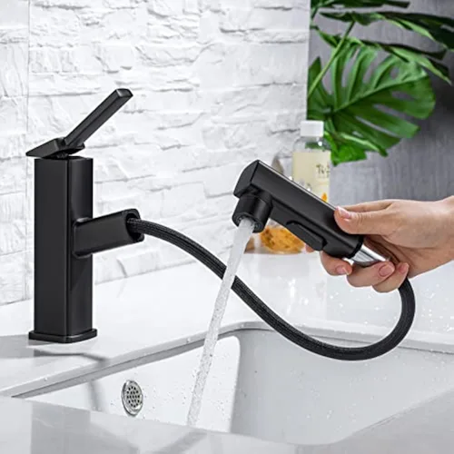 HANLIAN Grifo de un solo agujero extraíble para lavabo de baño, grifo de lavabo negro para baño, grifo moderno de un solo mango para baño con