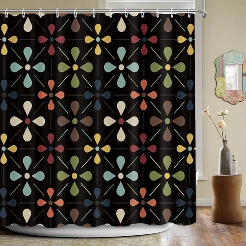 APROPHIC Cortina de ducha retro de mediados de siglo de 72 x 72 pulgadas, cortina de baño con patrón geométrico vintage con ganchos, tela de