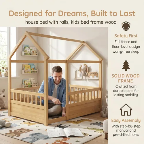 Miniatura 4 de Bellemave Cama individual para niños con marco de techo de casa y valla de seguridad, cama Montessori de madera, cama de perfil bajo para niños