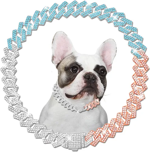 Miniatura 7 de Cadena de metal con diamantes para perros con hebilla segura, collares para mascotas para perros grandes y medianos Azul Blanco