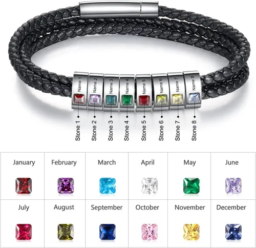 Miniatura 13 de Pulsera personalizada para el Día del Padre para hombre, pulseras personalizadas de cuero trenzado negro con cuentas grabadas de 1 a 8 nombres