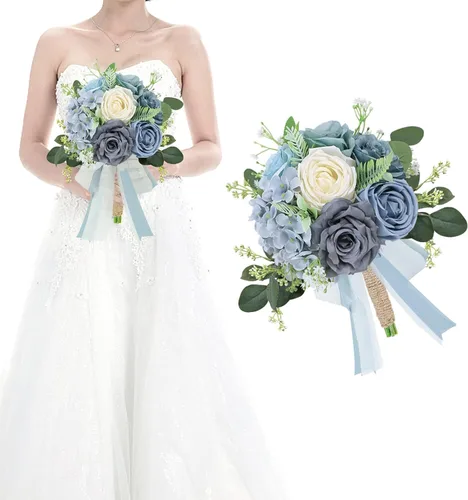 Miniatura 19 de Juego de 4 ramos para dama de honor para boda - Ramos de flores artificiales de 7 pulgadas para decoración de centros de mesa de ceremonia y Azul