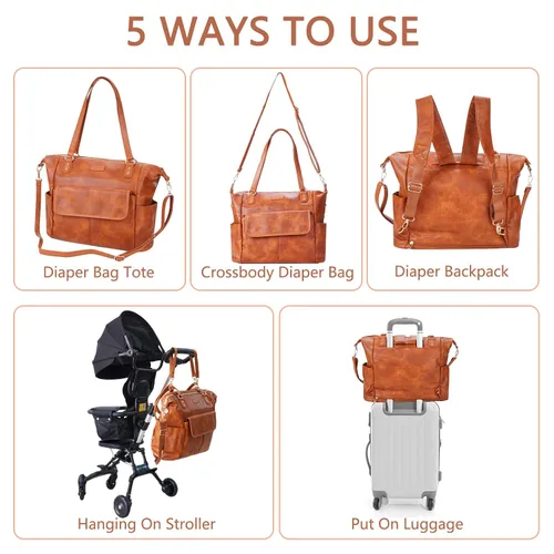 Miniatura 4 de Bolsa de pañales de cuero a la moda con 13 bolsillos para mamá papá, bolsa grande de viaje para bebés para niños y niñas con 3 bolsillos aislados
