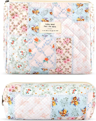 Miniatura 16 de 2 bolsas de maquillaje acolchadas de algodón para viaje, bolsa grande y pequeña para mujeres, bolsas de maquillaje de coqueta floral, bonita bolsa